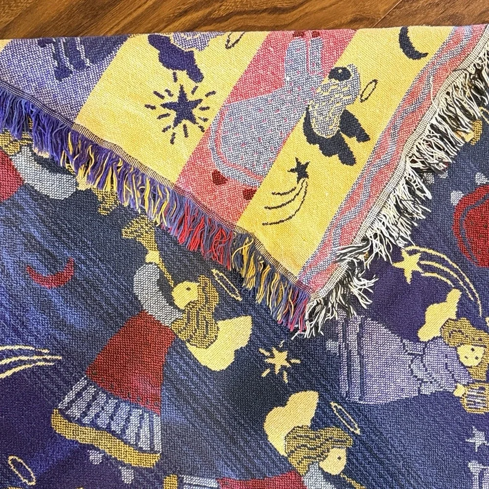 Vintage Angel Tapestry Throw Blanket Christmas Holiday Woven Fringe 47x57